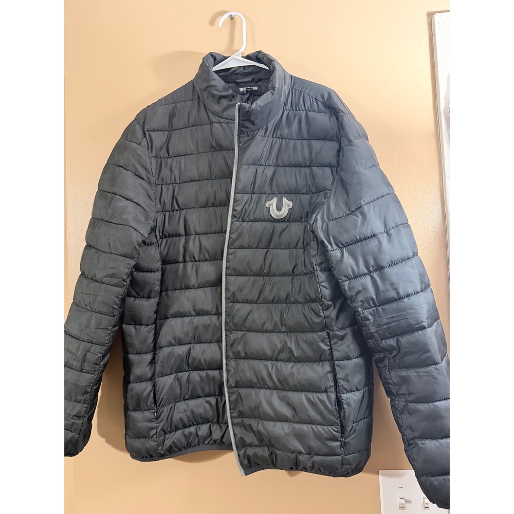 True Religion Puffer Jacket Mens L Black Polyester Quilted Zip Up Streetwear